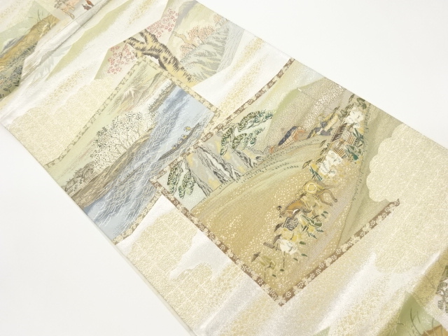 屏風に木々・時代人物風景模様織出し袋帯